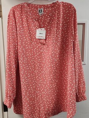 Anne Klein Coral Polka Dot Long-Sleeve Blouse